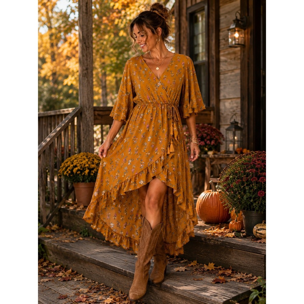 Inspired Hearts 1X Mustard Floral Boho Wrap High Low Ruffle Midi Dress